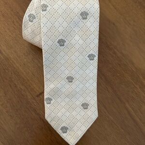 Versace Cream and Gray Silk Tie with Polka Dots